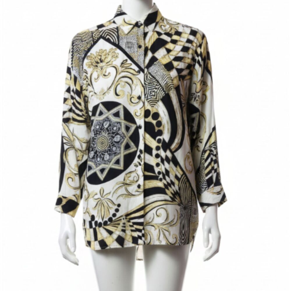 Faith Vintage Loud Bold Beaded Print Long Sleeve Button Down Blouse Small